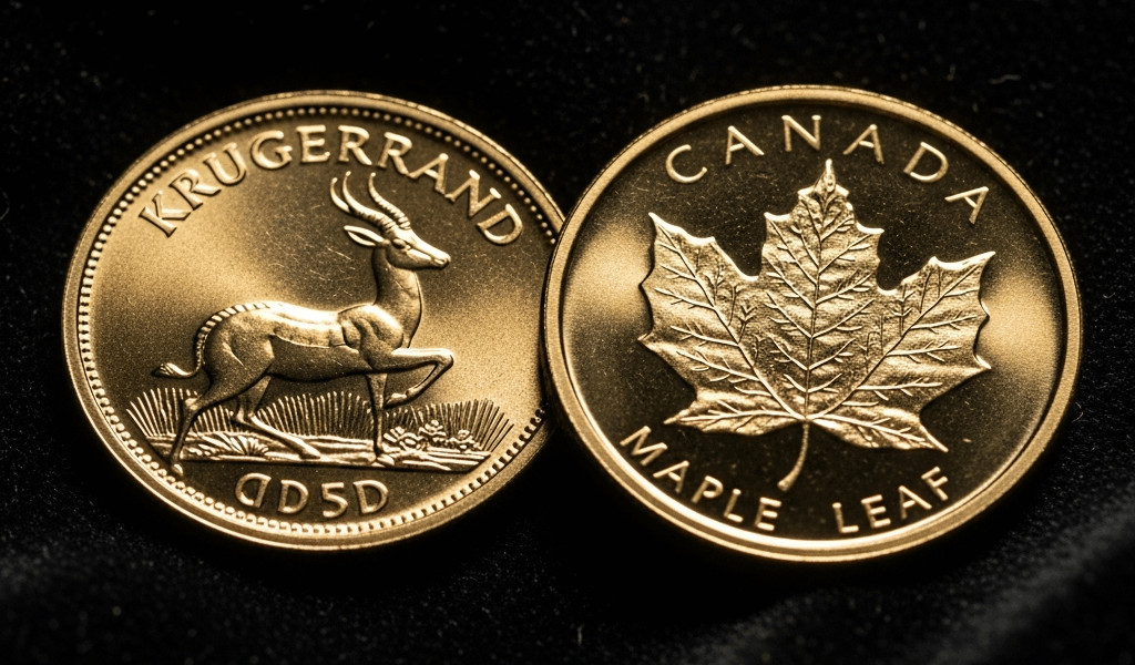 gold krugerrand and canadian maple leaf coins side by side o 20260331 094102