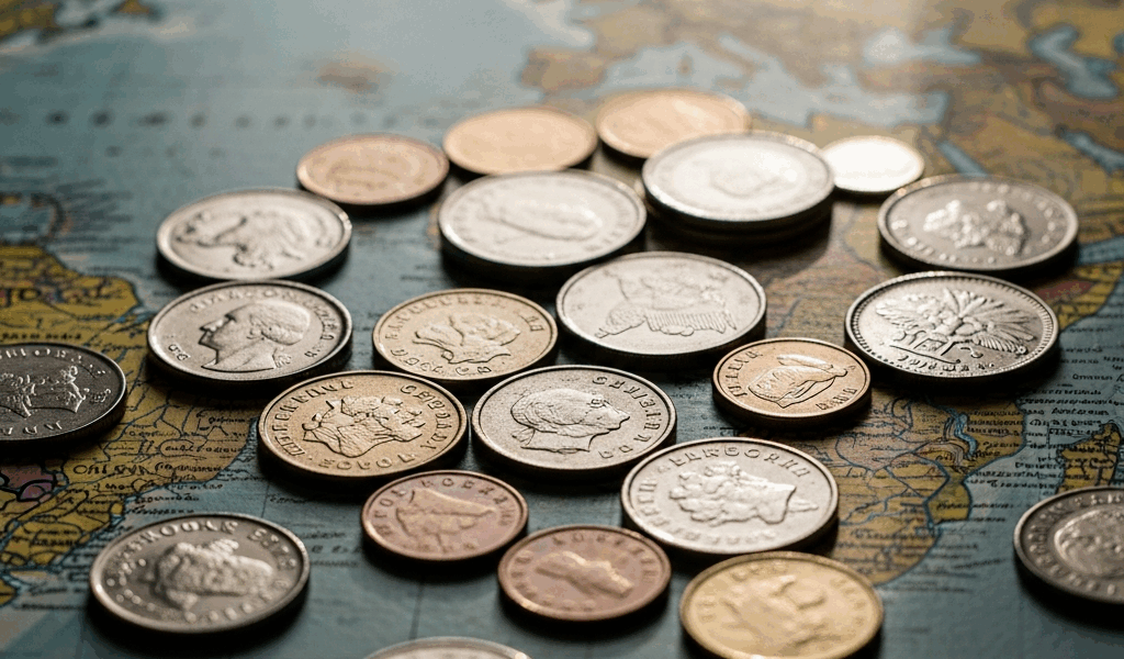 world coins from different countries spread on map