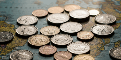 world coins from different countries spread on map