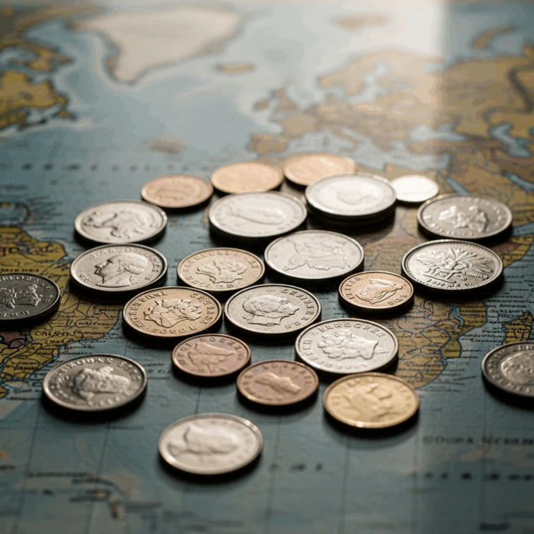 world coins from different countries spread on map